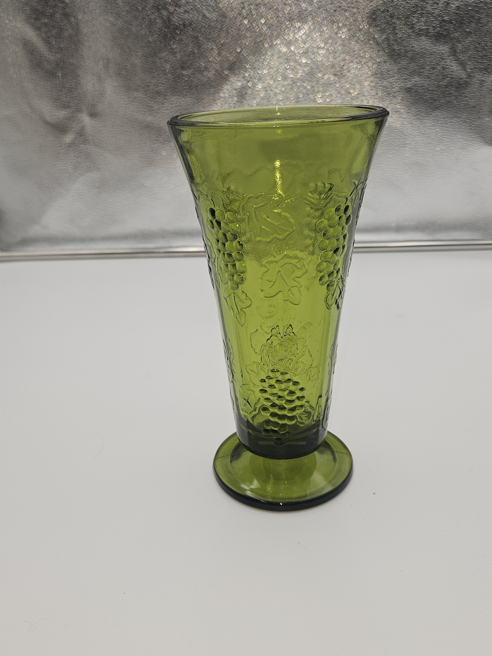 Vintage Indiana Avocado Green Pressed Glass Footed Vase with Grapes
